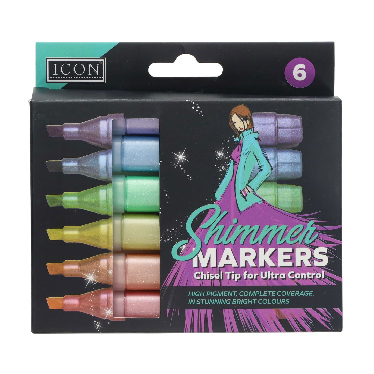 Pack of 6 Chisel Tip Shimmer Markers by Icon