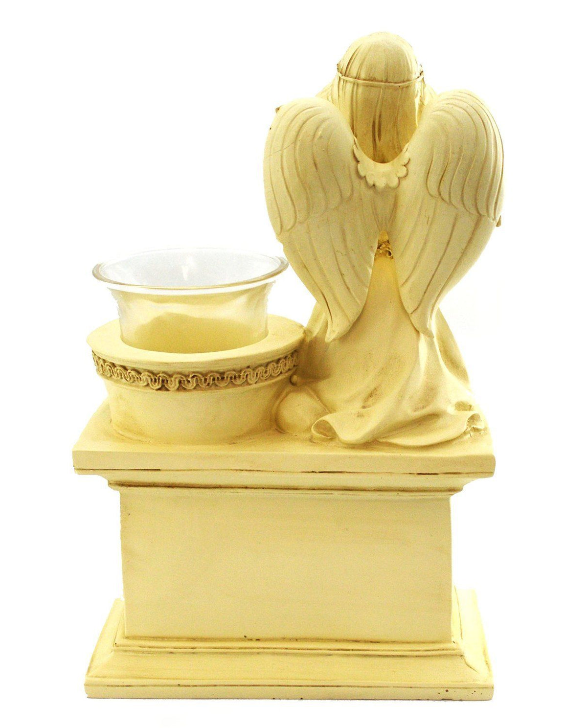 Graveside Memorial Angel Cherub Praying Kneeling with Glass T Lite Holder Cream Stone Finish - Grandma
