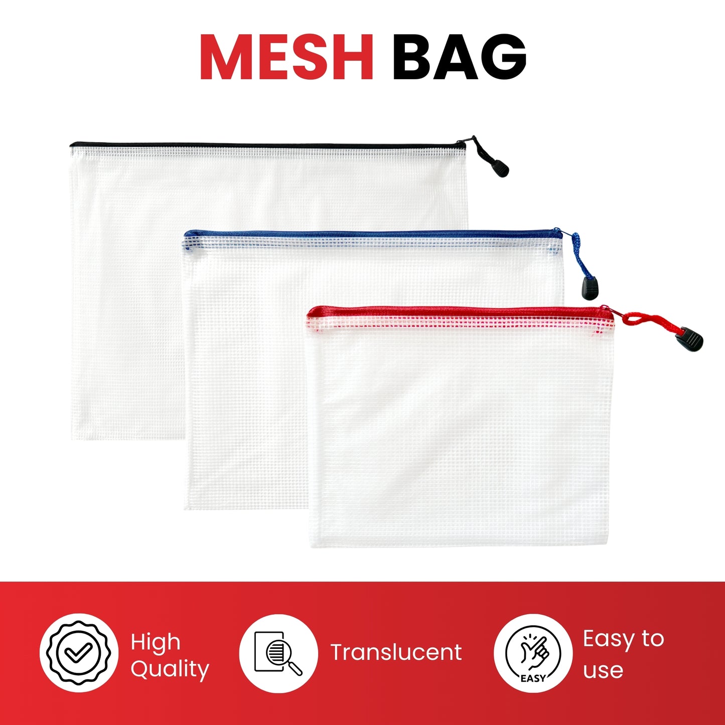 Pack of 9 Assorted Strong Mesh Bags - Black, Blue, Red - A3, A4, A5 - Tough Waterproof Storage