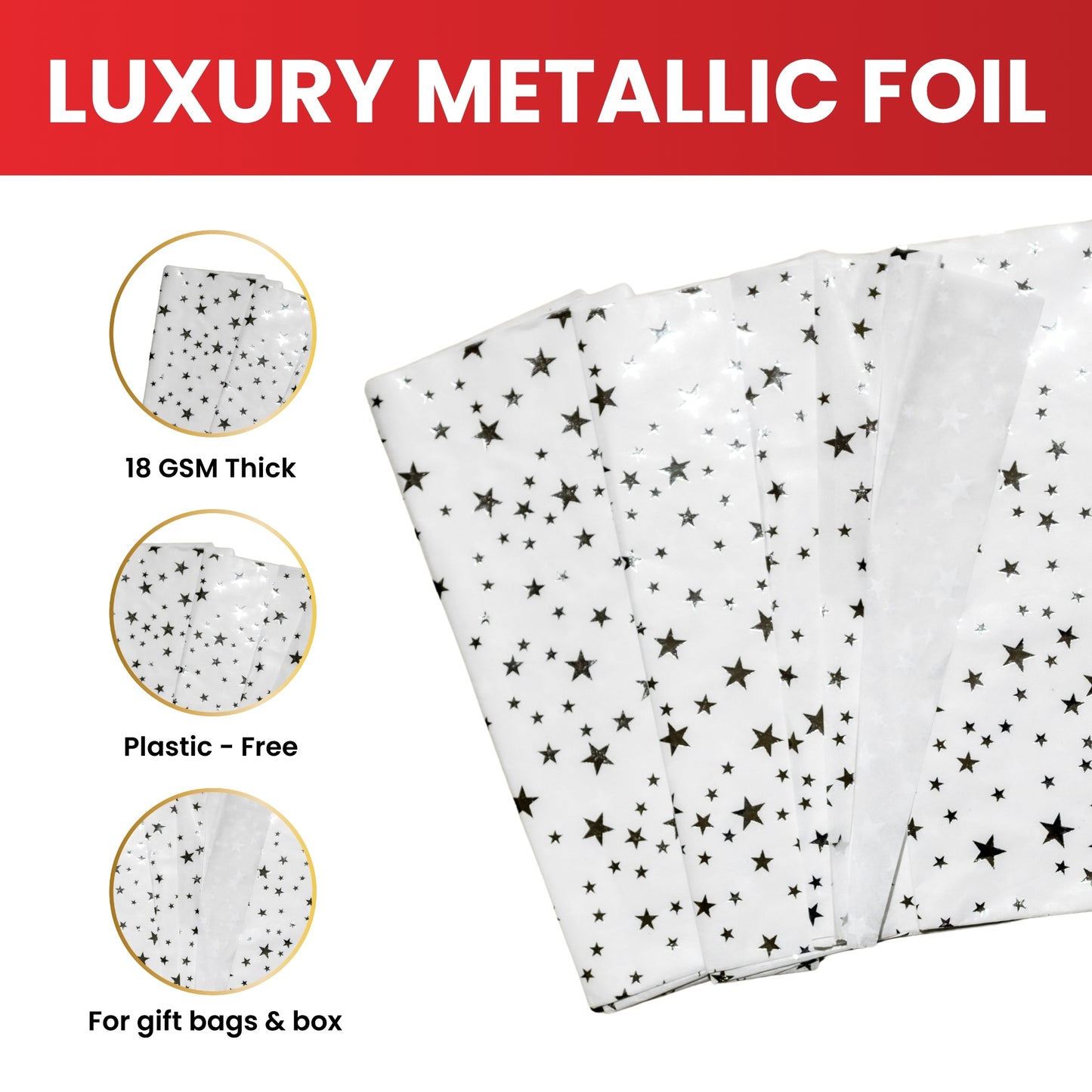 3 x Pack of 10 Stars Luxury Silver Metallic Plastic-Free 18gsm Tissue Paper Sheets 50x70cm - Patterned Tissue Paper for Xmas, New Year, Party, Wedding, Birthday Packing Present Gift Box DIY Art Crafts