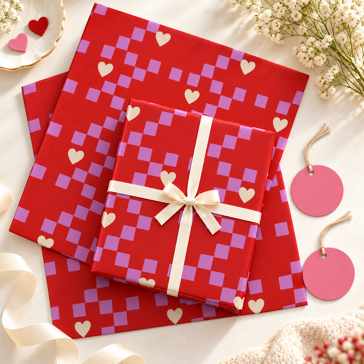 Pack of 2 Cupid Check Design 50 x 70 cm Gift Wrap Sheets with 2 Tags - Valentine’s Mother's Day Birthdays Everyday Celebrations
