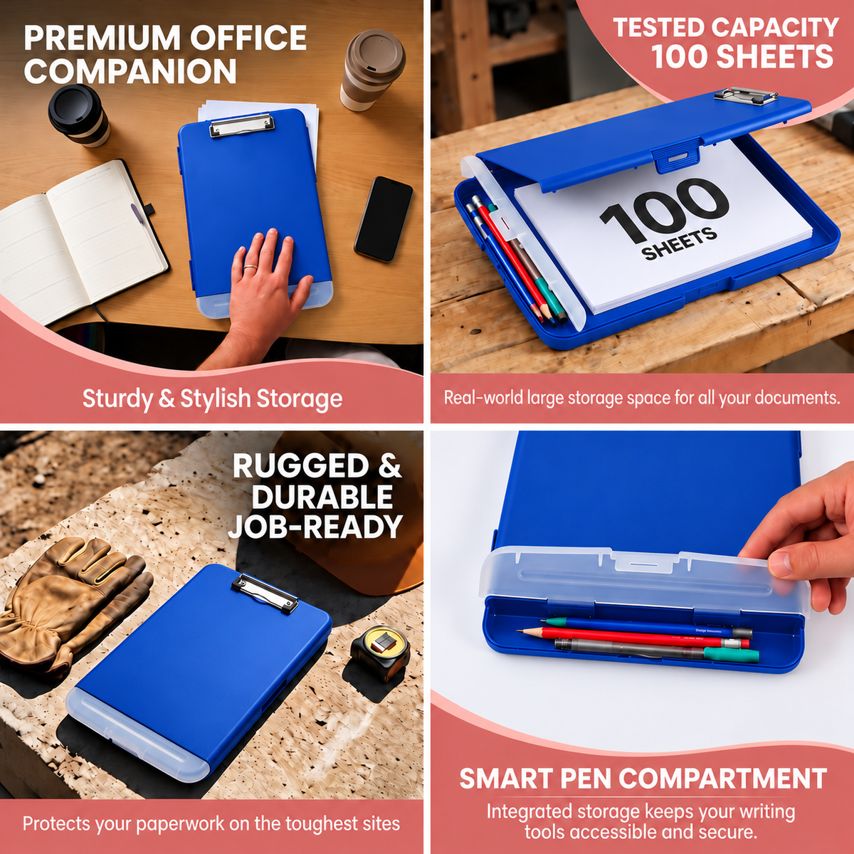 A4 Blue Plastic Clipboard Box File With Pencil Holder - Storage Filing Case