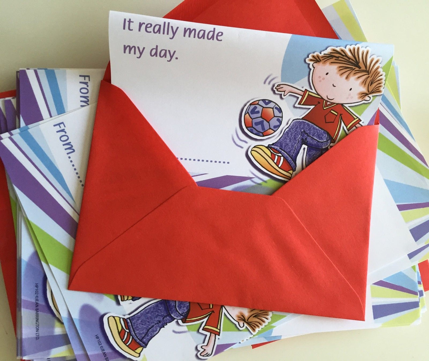 Pack of 20 Children's Cute Thank You Notes & Envelopes - Boy Football Design