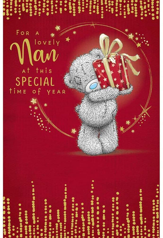 Lovely Nan Bear Holding Up Gift Design Christmas Card