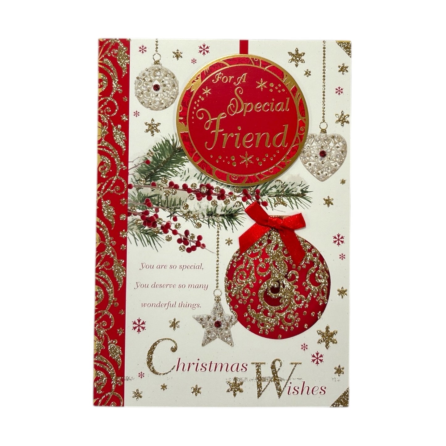 For a Special Friend Hanging Decorative Baubles Design Christmas Card