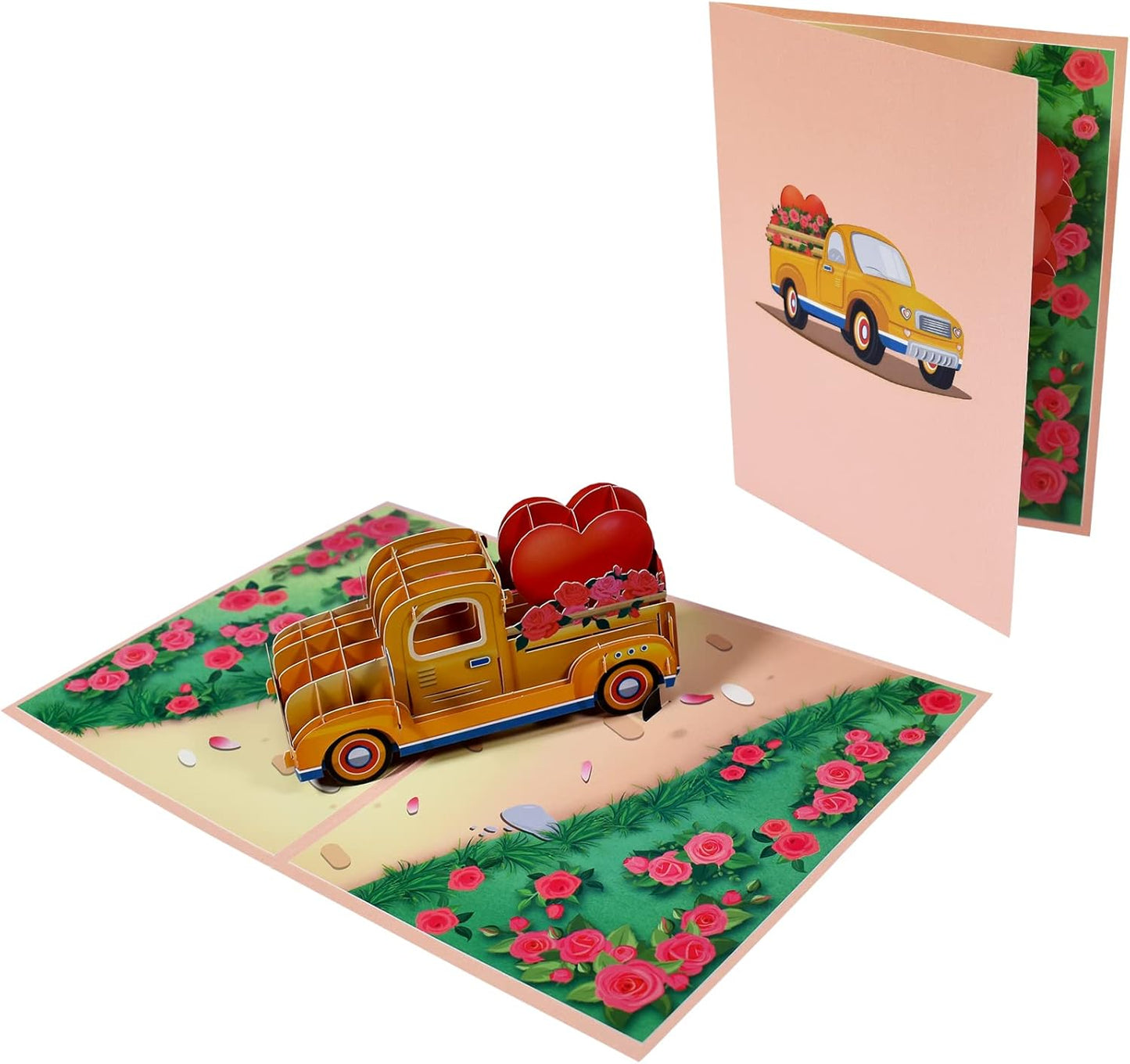 Yellow Vintage Truck with Heart and Roses 3D Pop Up Greeting Card