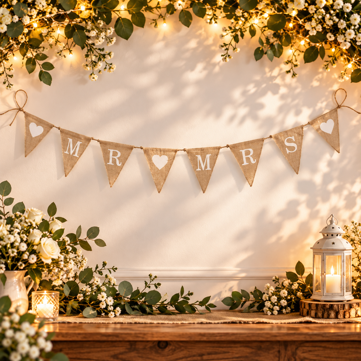 8 Pennants Mr & Mrs And Hearts Hessian Bunting