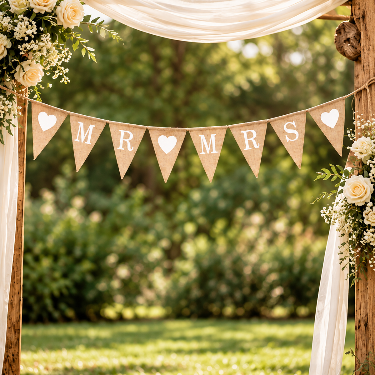 8 Pennants Mr & Mrs And Hearts Hessian Bunting