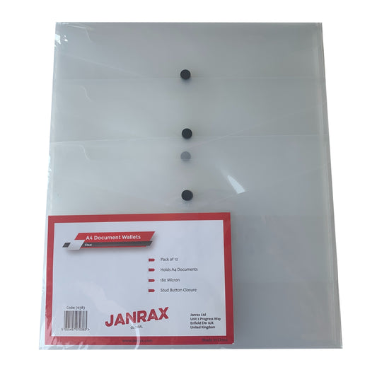 Pack of 12 Janrax A4 Clear Document Wallets - Button Stud Folder