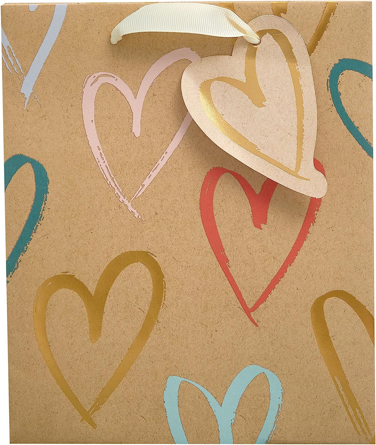 Kraft Hearts Design Medium Gift Bag For Birthdays, Thank You, Congratulations, Anniversary, Valentine's
