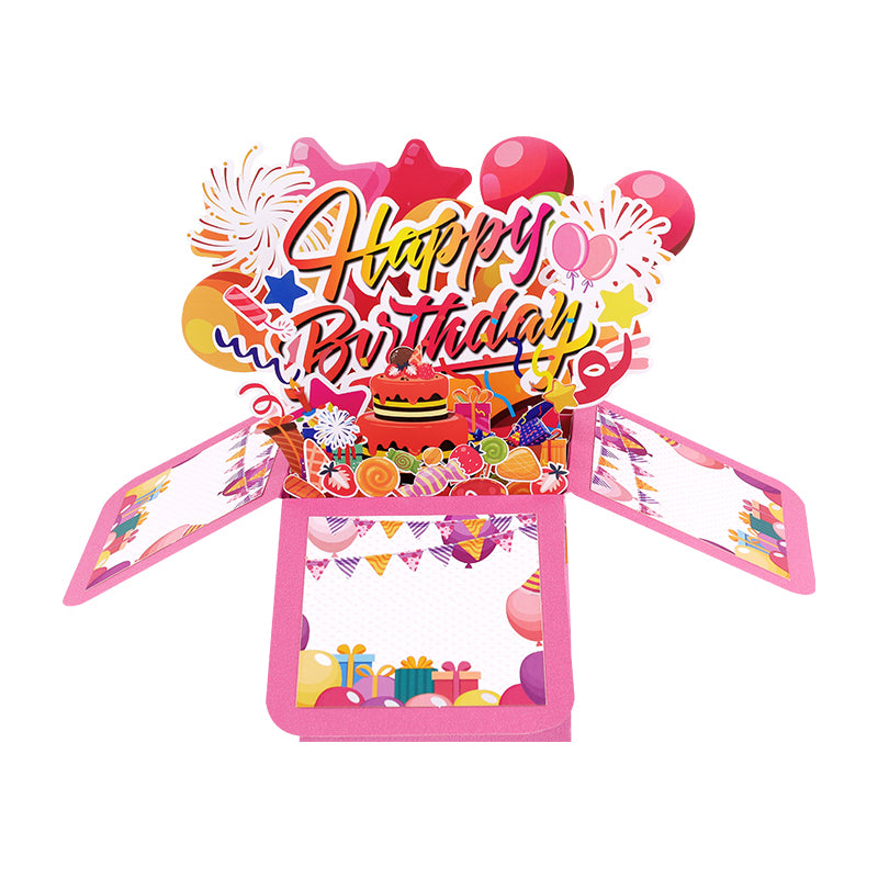Pink Balloons Fireworks Peach Red 3D Pop Up Birthday Box Card Surprise Gift Box