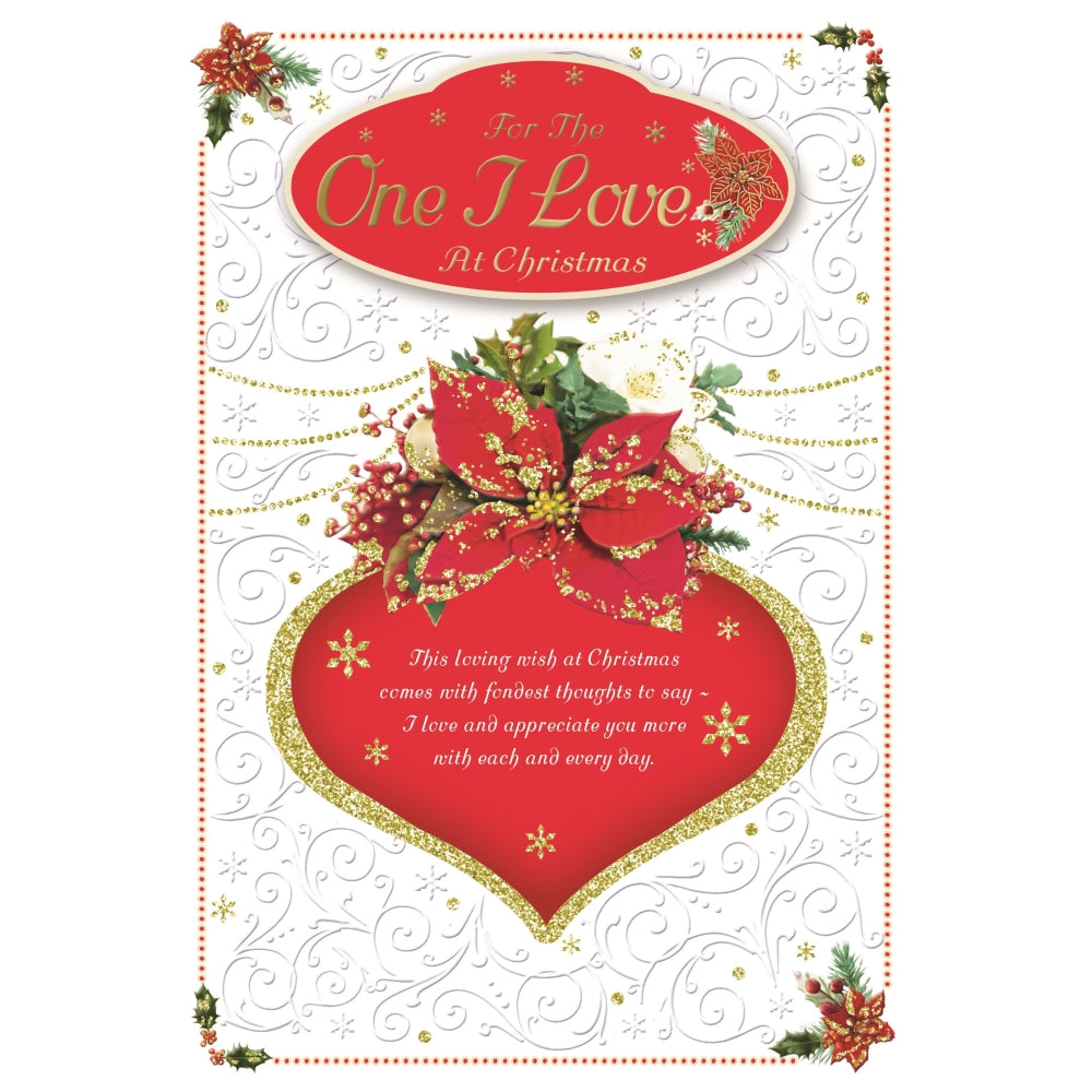 For The One I Love Heart With a Poinsettia Flower Design Christmas Card