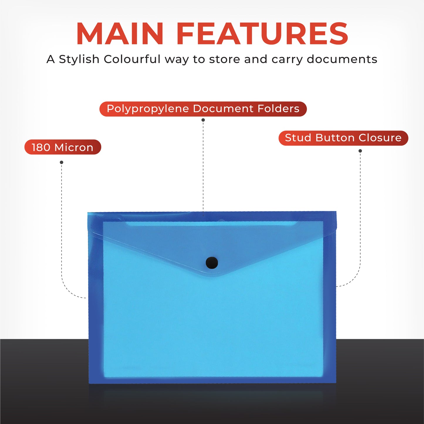 Pack of 100 A4 Assorted Colour Plastic Document Wallets Stud Button Closure Folders