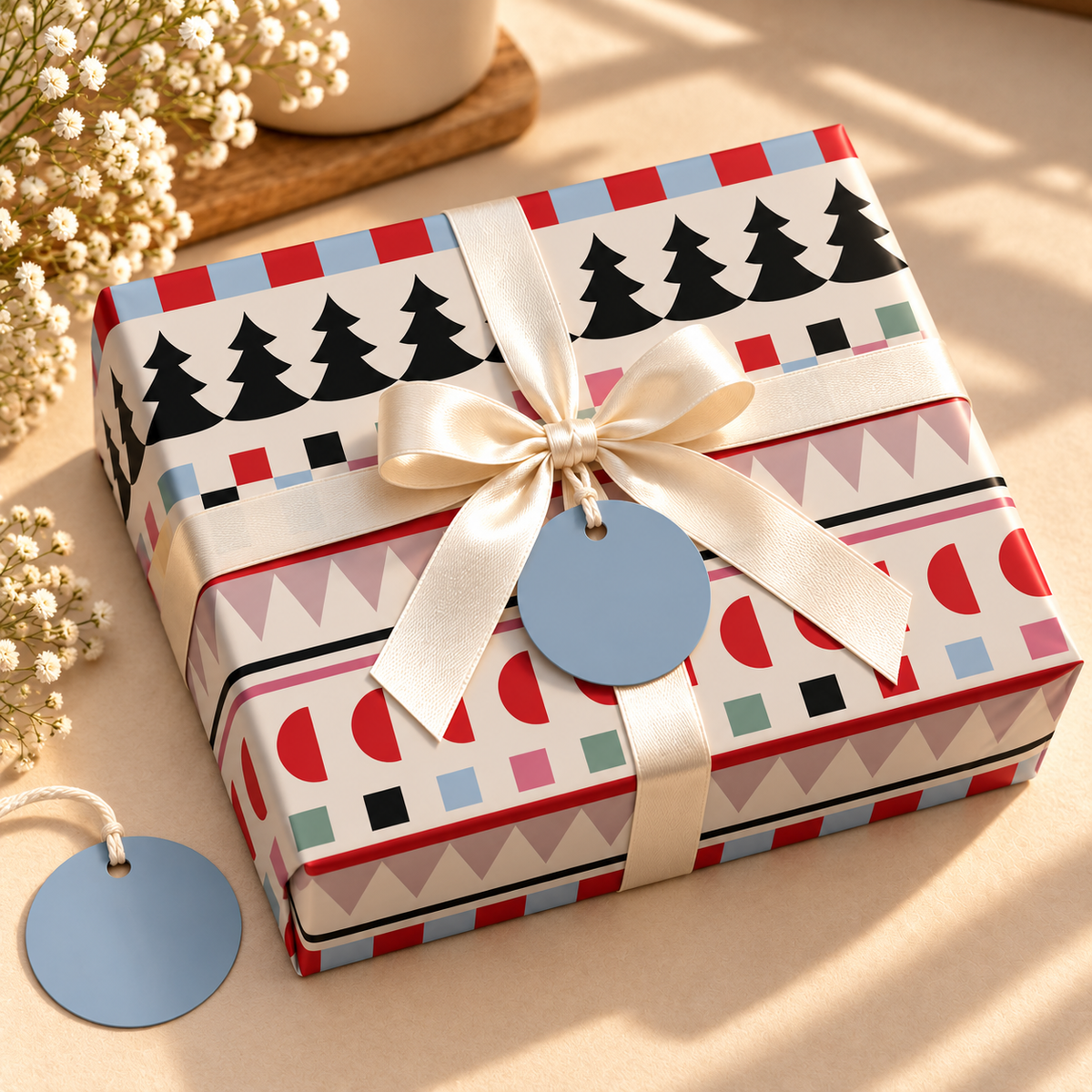 Pack of 2 Geometric Festive Design 50 x 70 cm Gift Wrap Sheets with 2 Tags - Christmas Birthdays Kids Party Holiday Gifting
