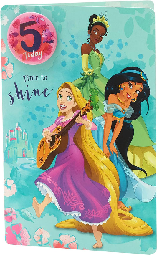 Time to Shine, Rapunzel, Tiana and Jasmine 5th Birthday Card with Badge