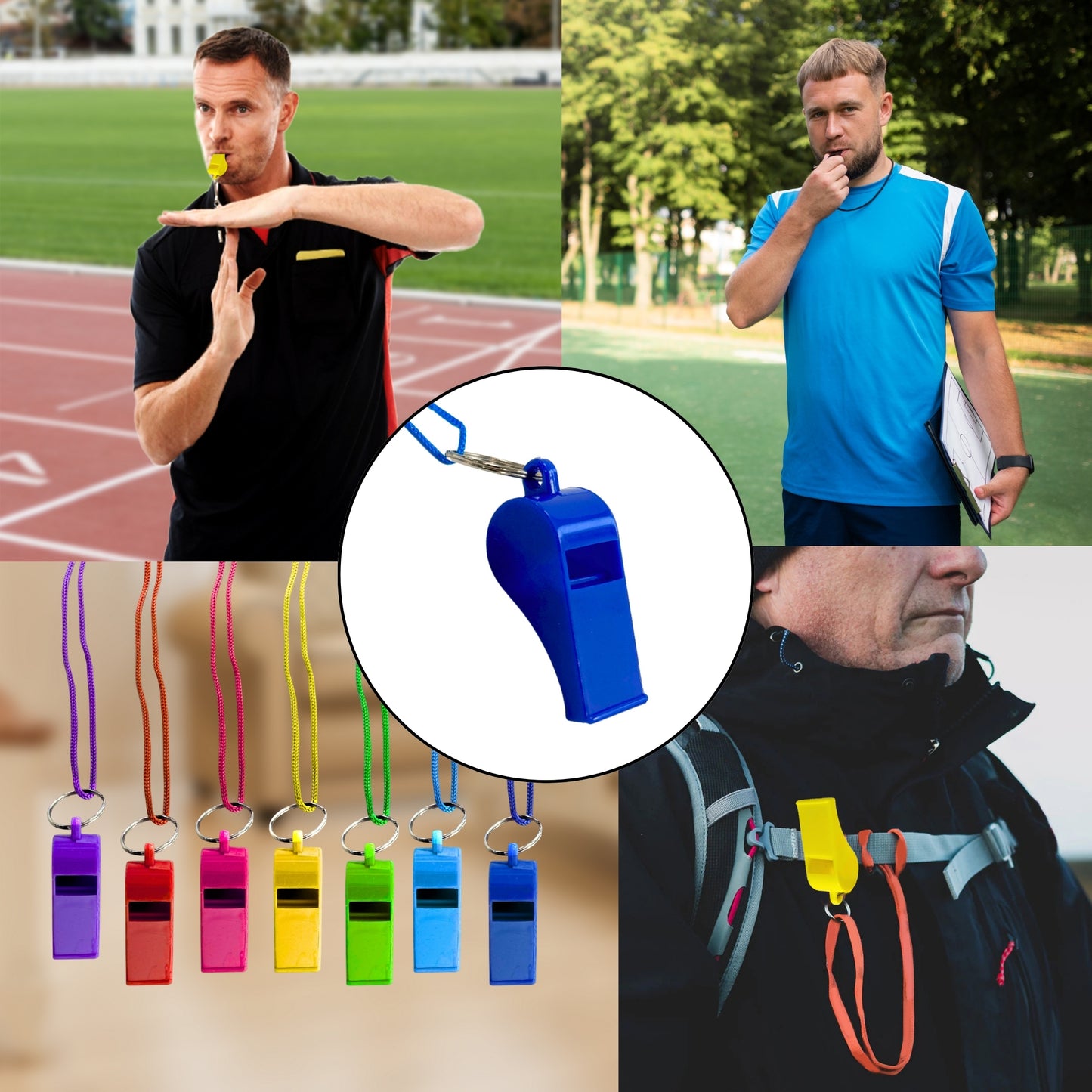 Bag of 10 Assorted Coloured Plastic Whistles with Lanyard Neck Cord