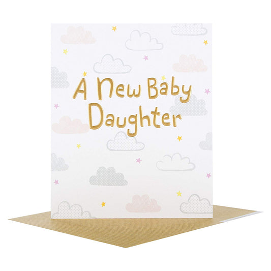 New Baby Daughter Embossed Gold Foiled Lettering Cloud Design Congratulation Card