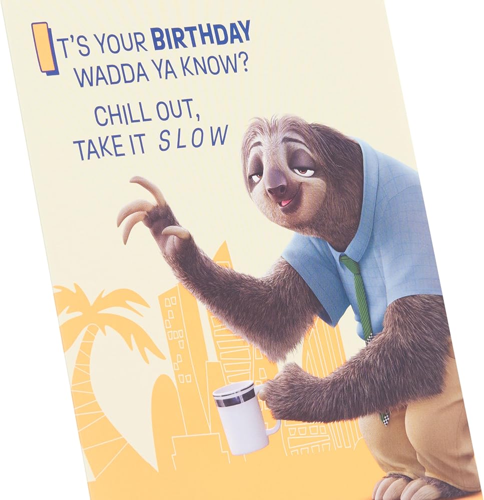 Disney Zootropolis 2 Flash Slothmore in Front of Silhouetted City Birthday Card