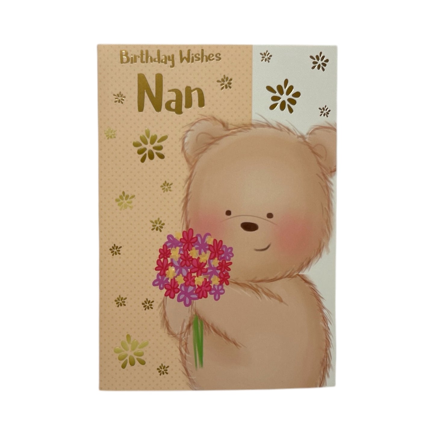Fluffy Teddy Holding Flowers Design Nan Birthday Card