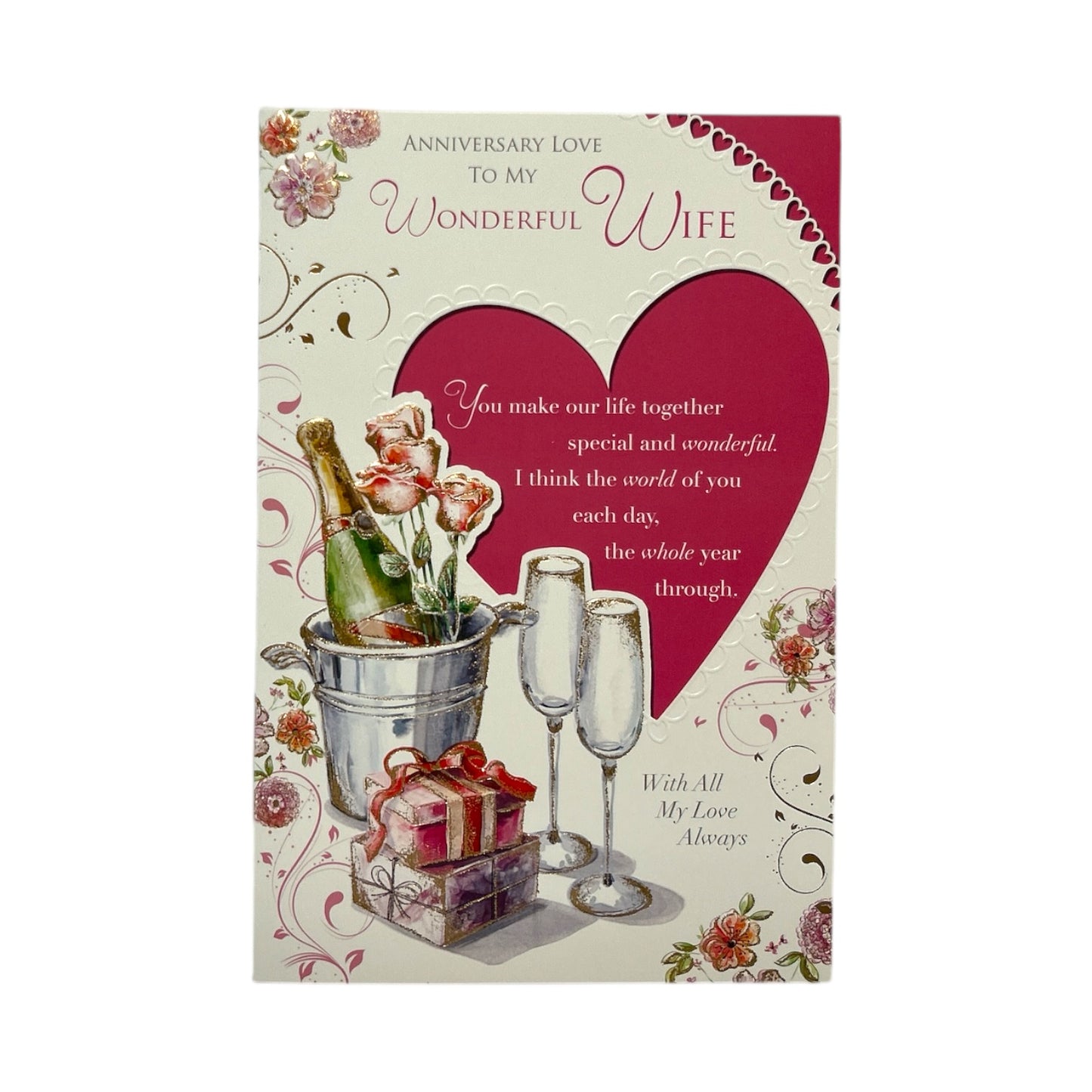 To My Wife Champagne and Gift Design Celebrity Style Anniversary Card