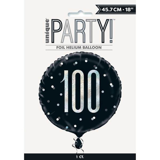 Birthday Glitz Black & Silver Number 100 Round Foil Balloon 18"
