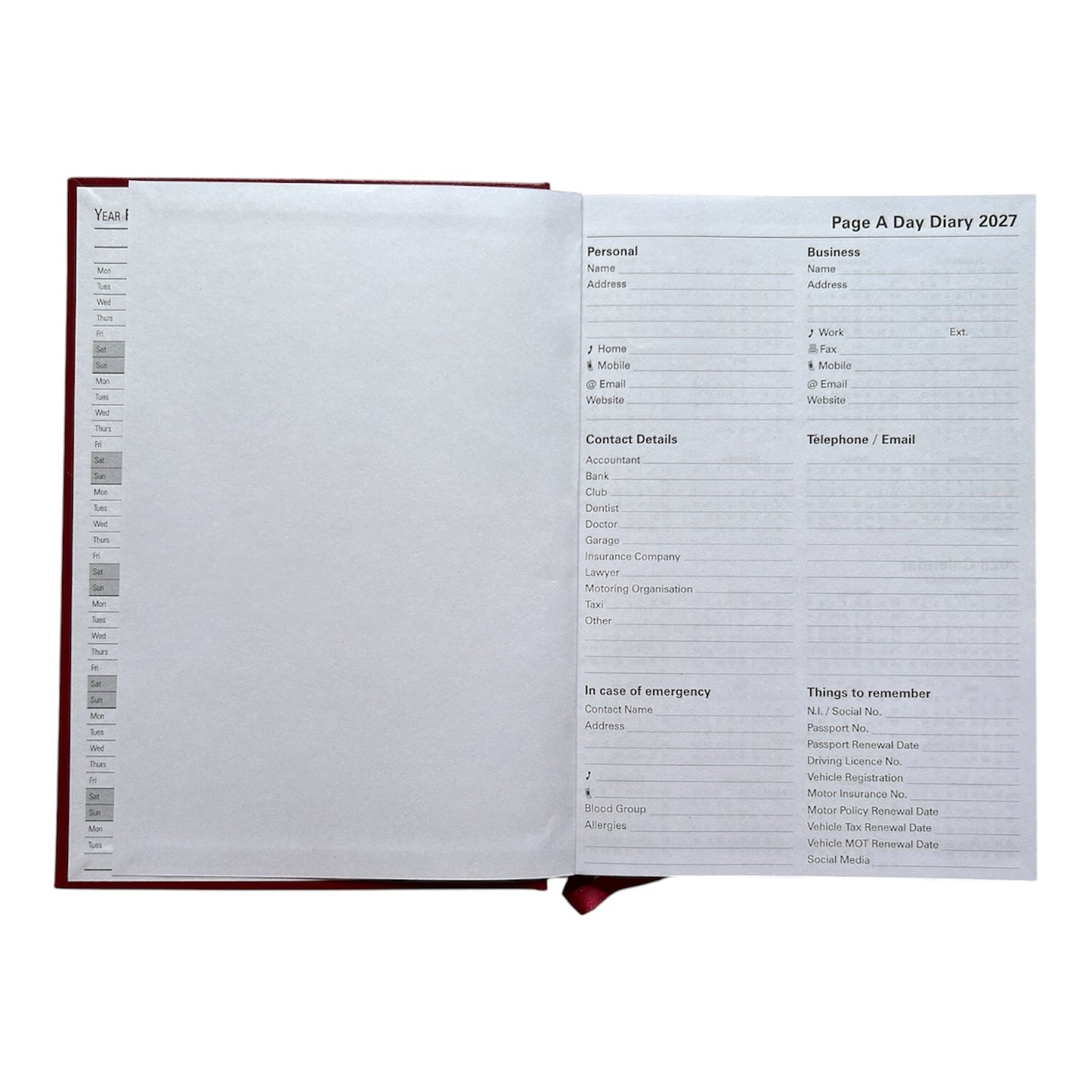 Janrax 2027 A5 Day Per Page Burgundy Desk Diary