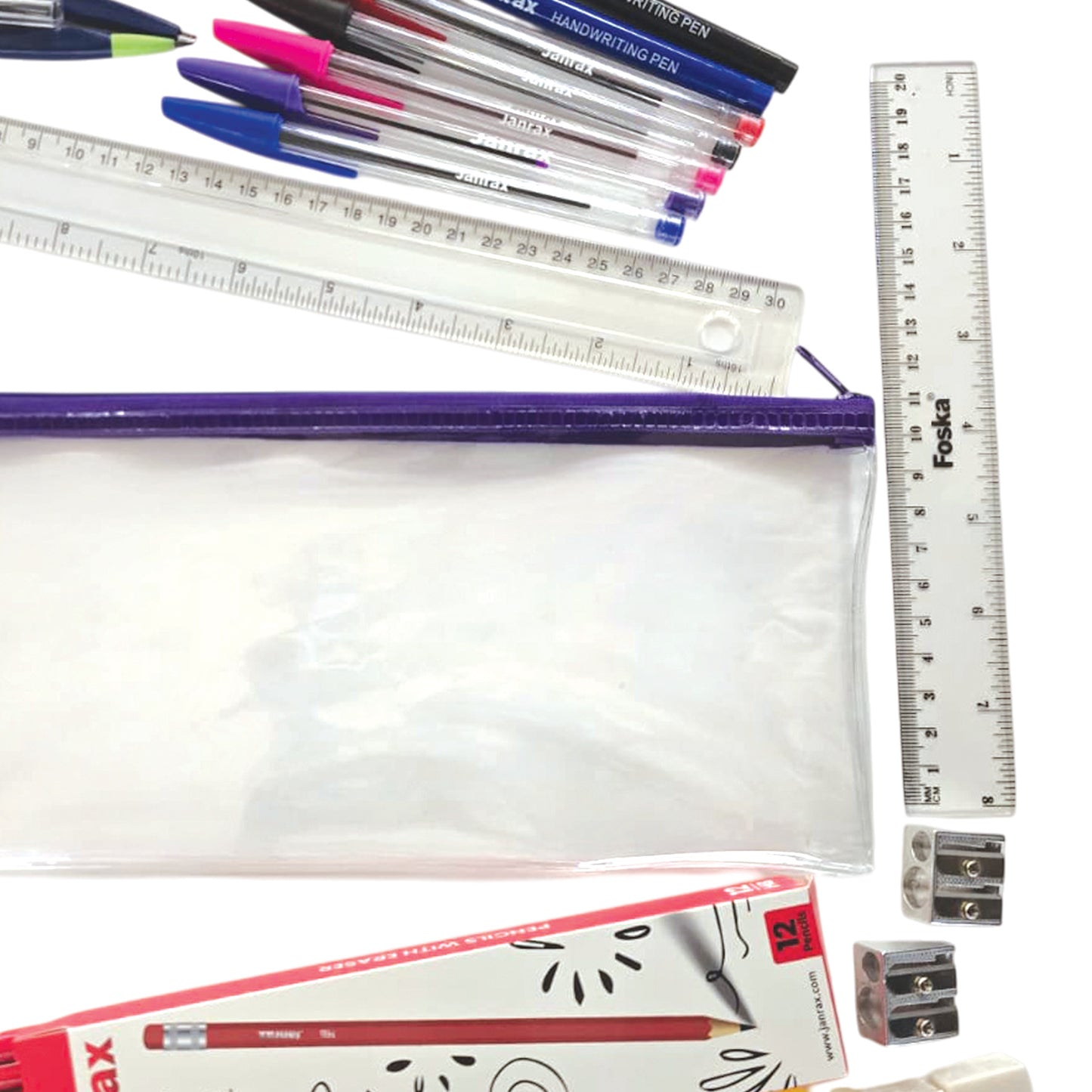 Janrax 32 Piece Student Stationery Set, Writing, Maths & Geometry Kit with Pencil Case, Pencils, Pens, Rulers, Compass & Highlighters