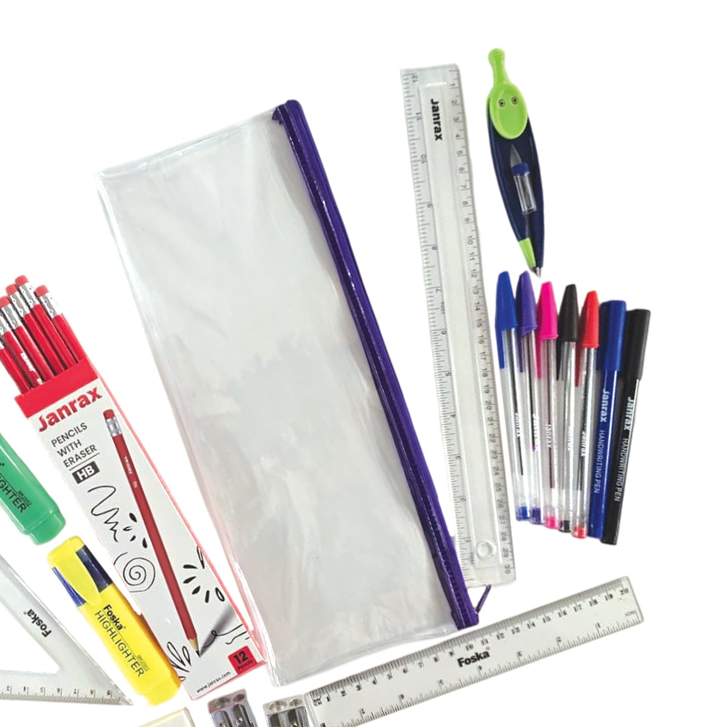 Janrax 32 Piece Student Stationery Set, Writing, Maths & Geometry Kit with Pencil Case, Pencils, Pens, Rulers, Compass & Highlighters