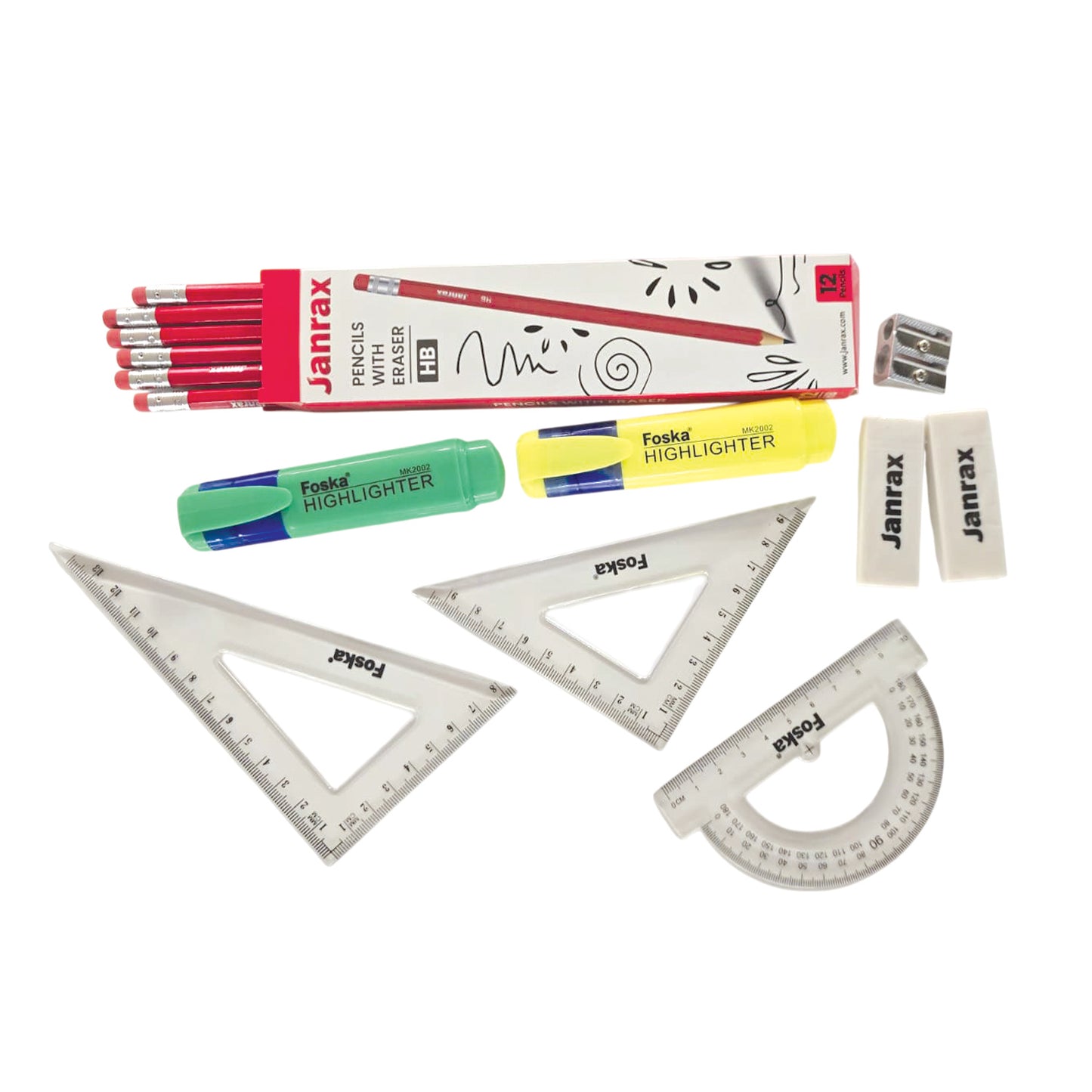 Janrax 32 Piece Student Stationery Set, Writing, Maths & Geometry Kit with Pencil Case, Pencils, Pens, Rulers, Compass & Highlighters