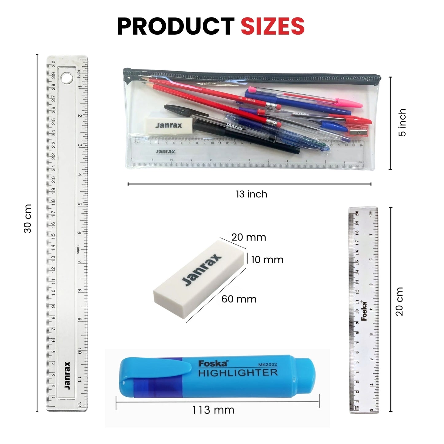 Janrax 32 Piece Student Stationery Set, Writing, Maths & Geometry Kit with Pencil Case, Pencils, Pens, Rulers, Compass & Highlighters
