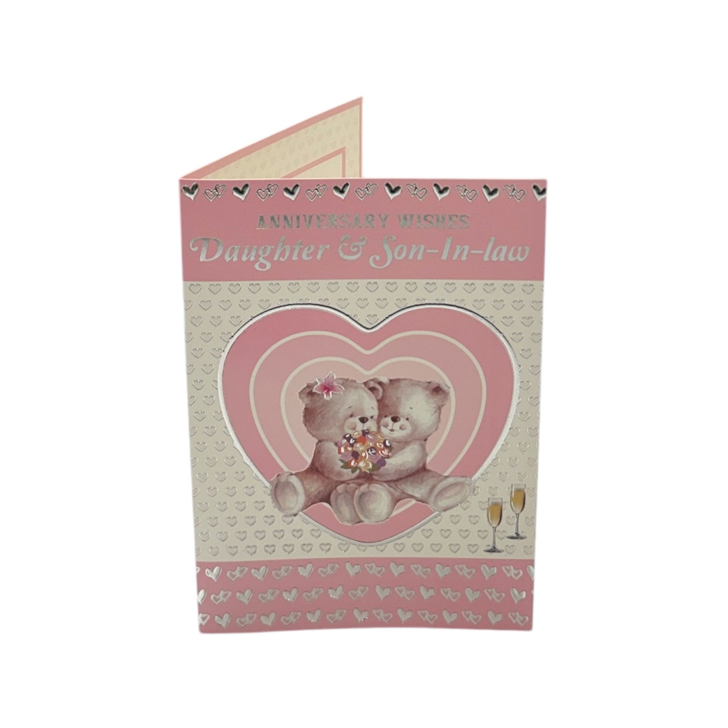 Daughter & Son-in-law Cute Teddies In Pink Heart Anniversary Card
