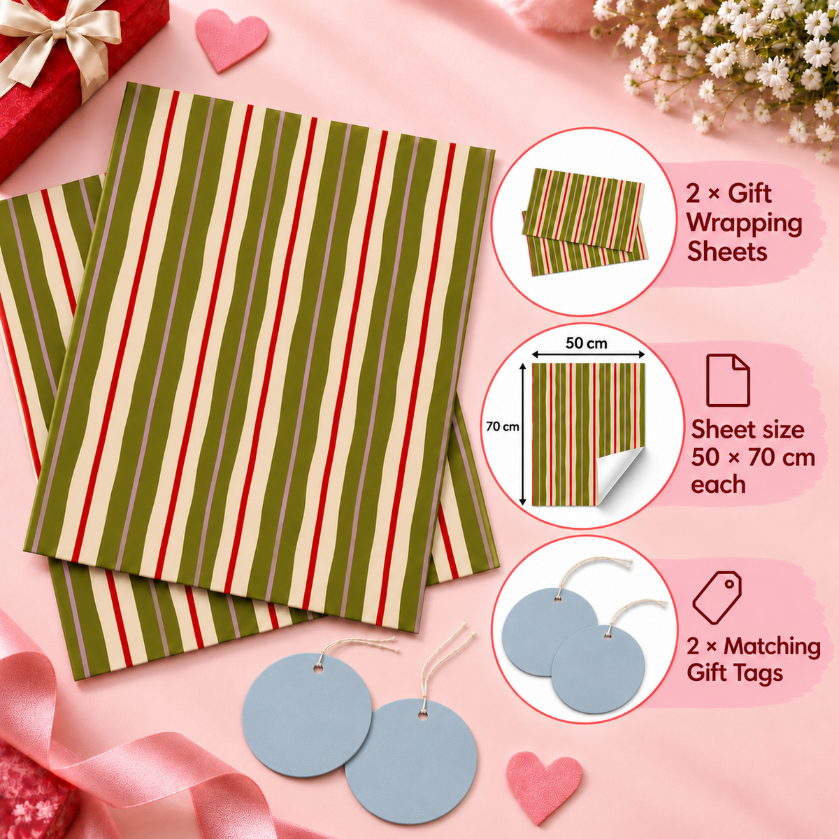 Pack of 2 Playful Stripes Design 50 x 70 cm Gift Wrap Sheets with 2 Tags - Christmas Birthdays Kids Party Holiday Gifting