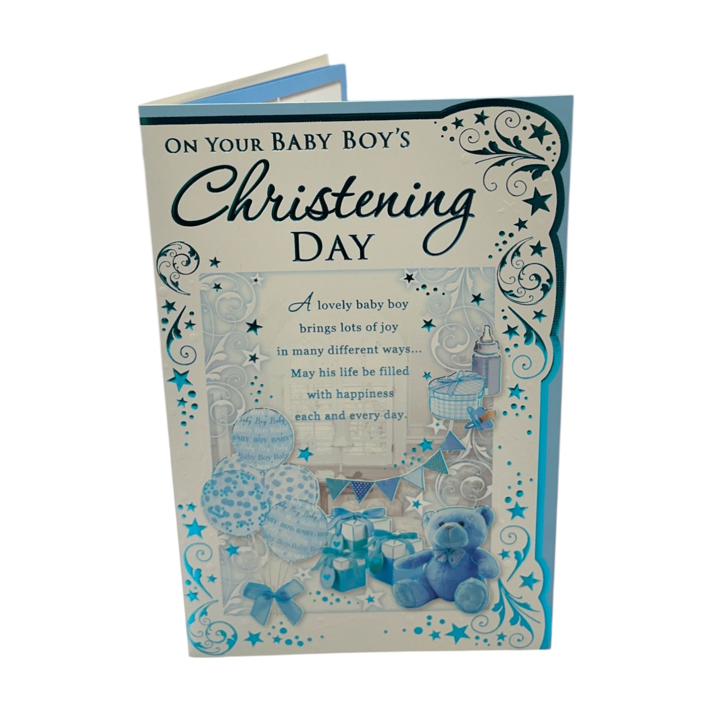 Blue Balloons And Teddy Design Baby Girl Christening Day Opacity Card