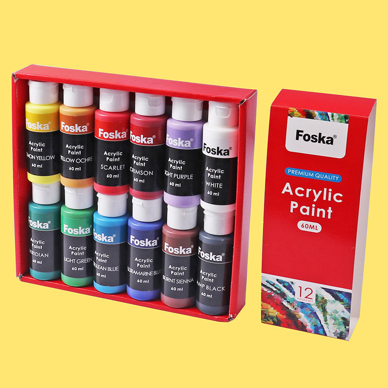 Pack of 12 Assorted Colour 60ml Acrylic Colour Paint Pots