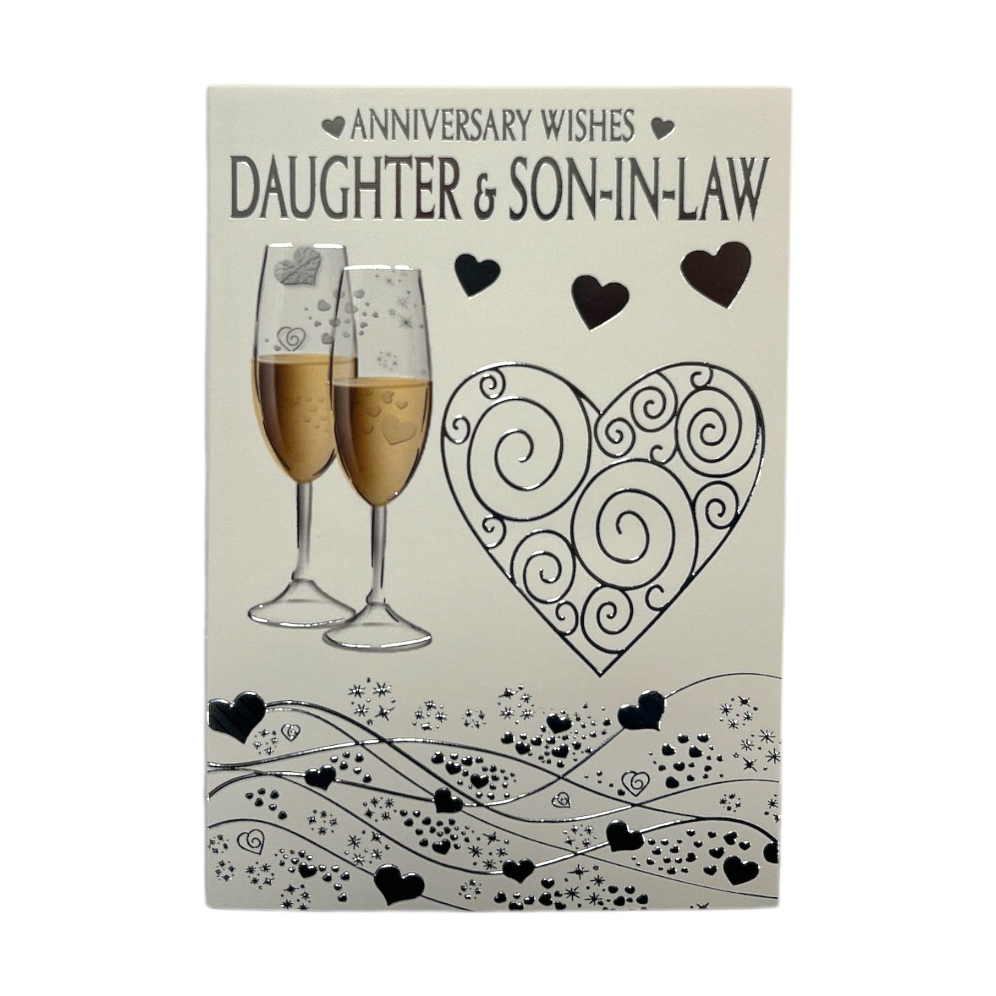 Daughter & Son-In-Law Champagne Glass Silver Heart Traditional Design Anniversary Card