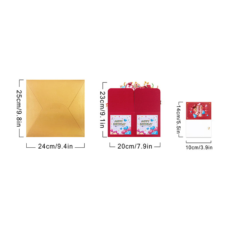 Heart Balloons Bright Red 3D Pop Up Birthday Box Card - Fireworks Cake Surprise Gift Box