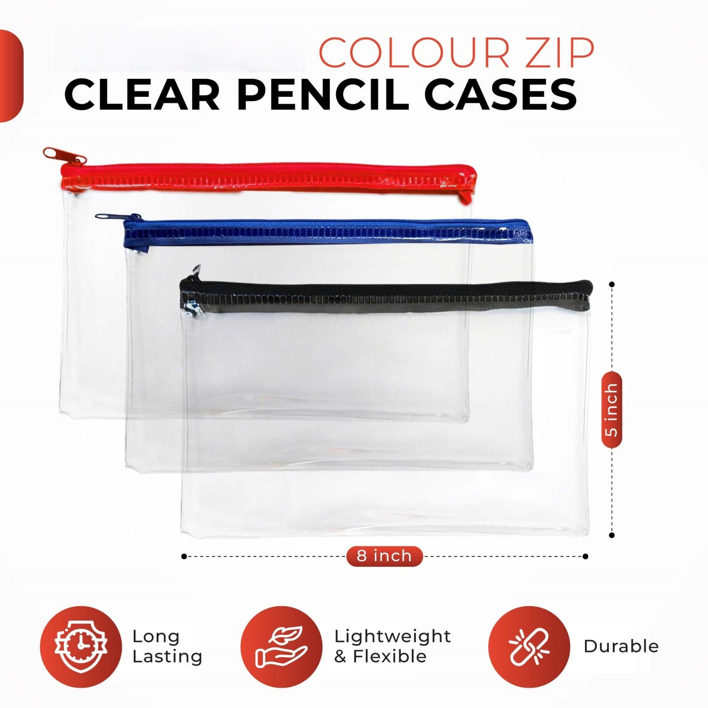 Pack of 2 Janrax 8x5" Black Zip Clear Exam Pencil Cases