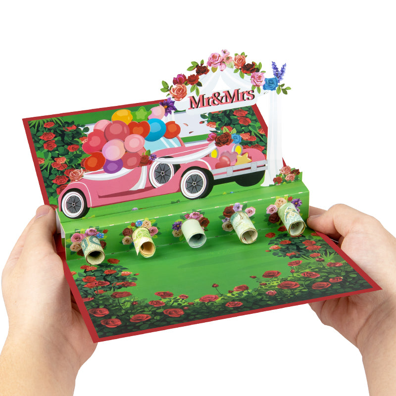 MR & MRS Rose Wedding Wishes Pop Up Greeting Card Hidden Gift Card Slot