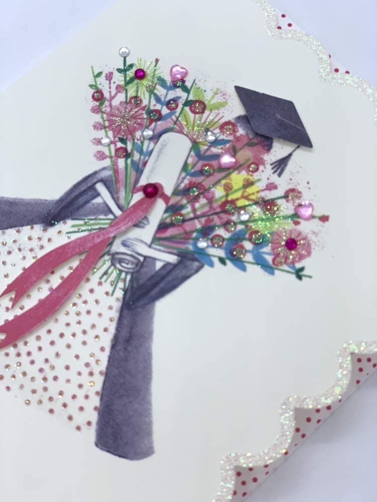 Graduation Card Finished with Glitter and Diamantes Girl with Flowers 