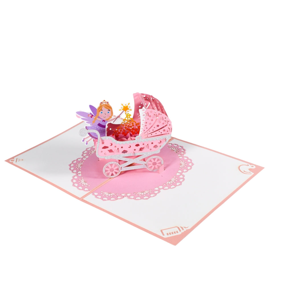 Pink Baby Girl Carriage and Fairy 3D Pop Up Baby Shower Greeting Card