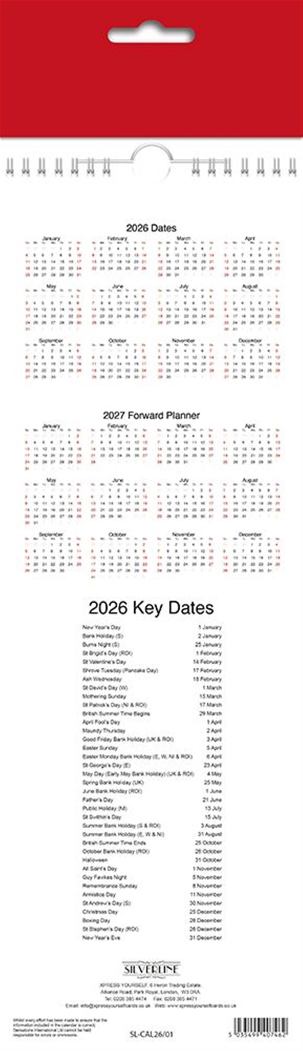 Slim Month To View Calendar 2026 – 143mm x 417mm