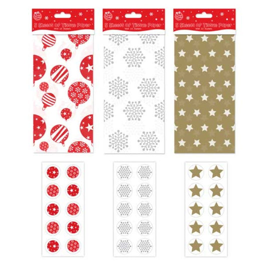 5 Sheets Christmas Tissue Giftwrap with 10 Stickers - Assorted Designs