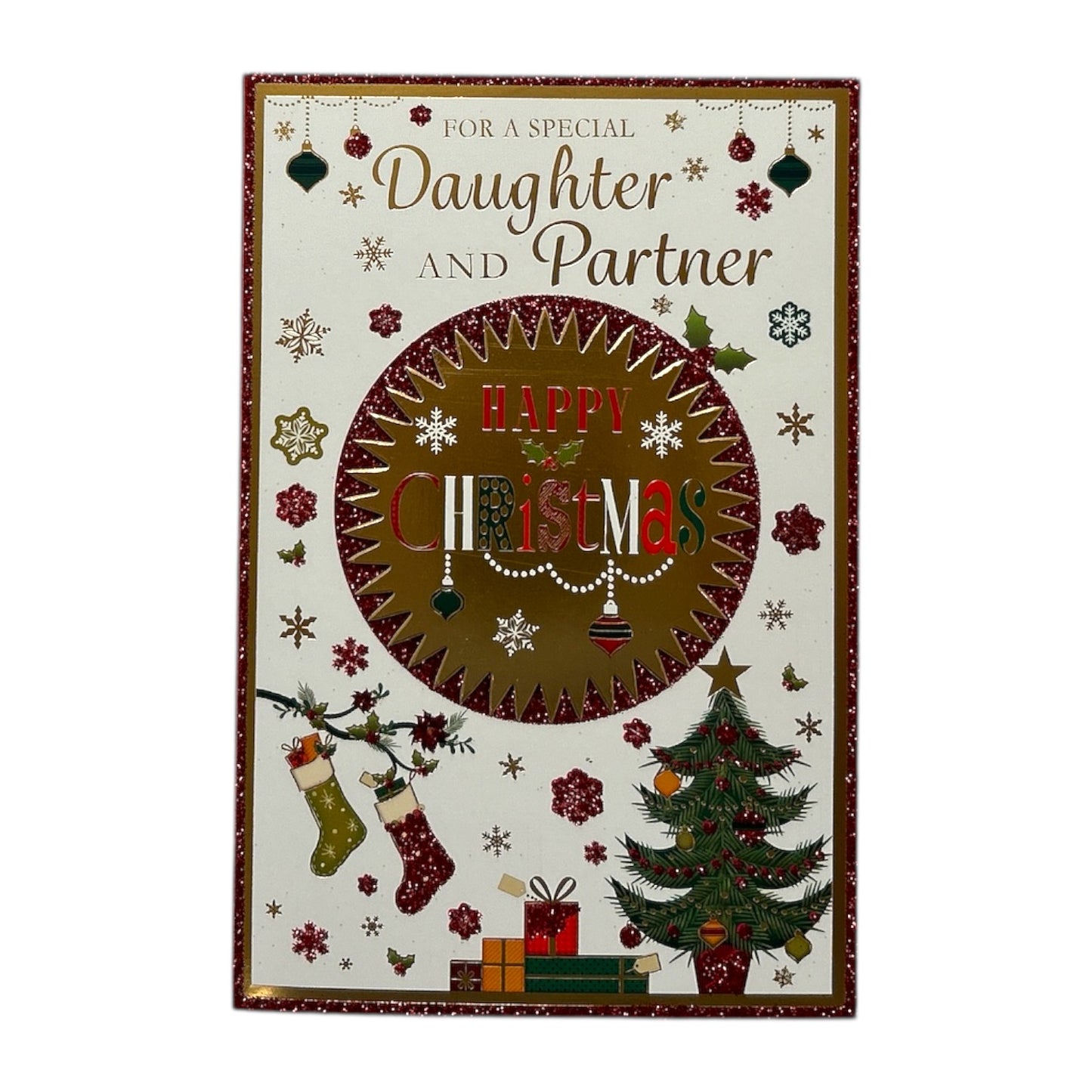 For Daughter and Partner Stockings And Presents Design Christmas Card