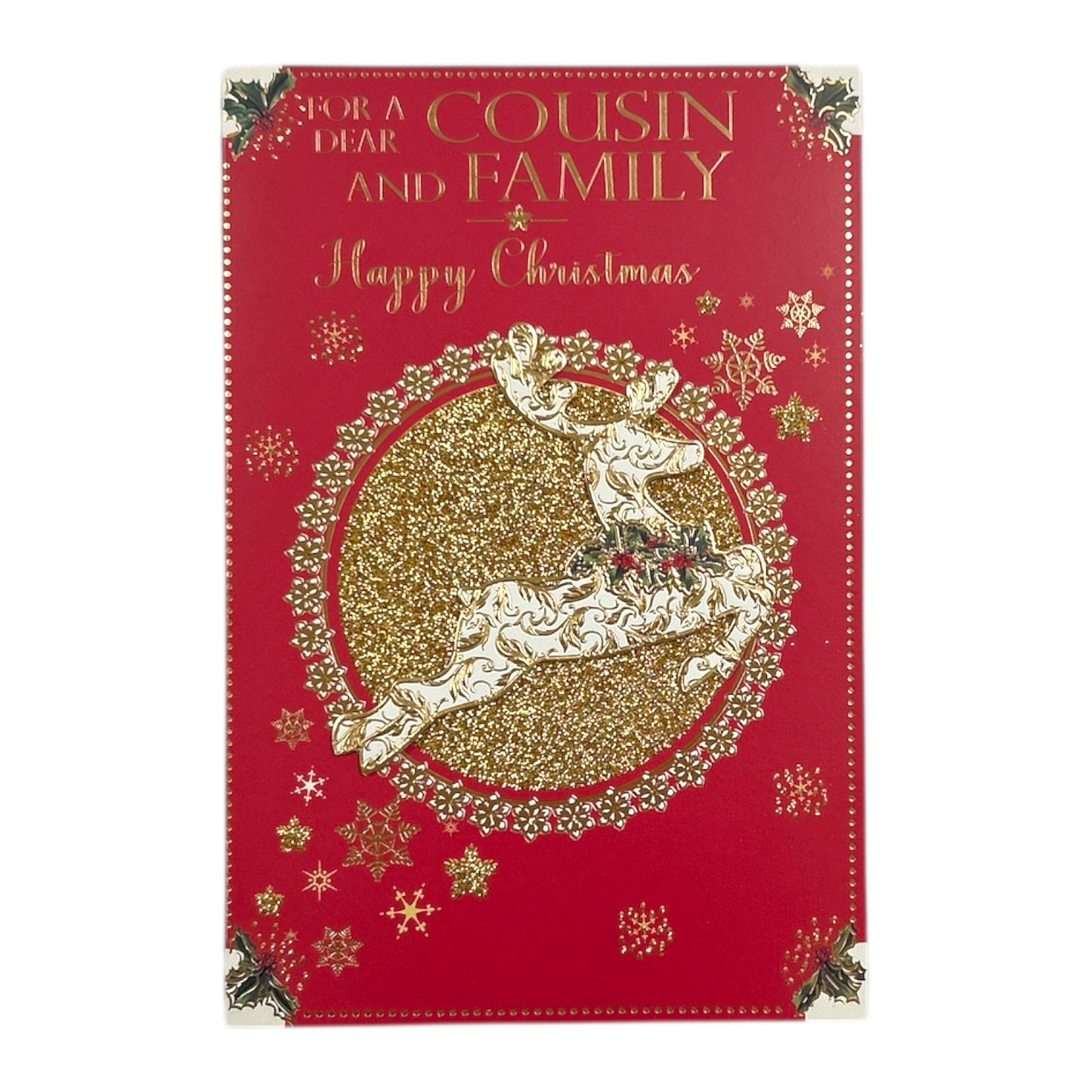 For a Dear Cousin and Family Golden Reindeer Christmas Card