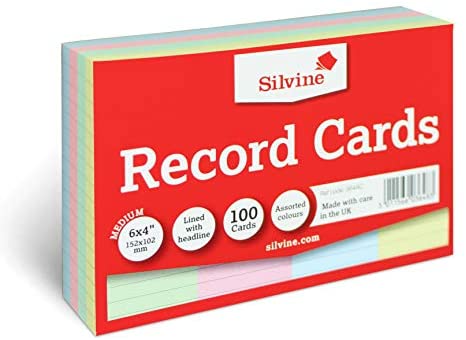 Pack of 100 Silvine Ruled Assorted Coloured Record Cards 152x101mm