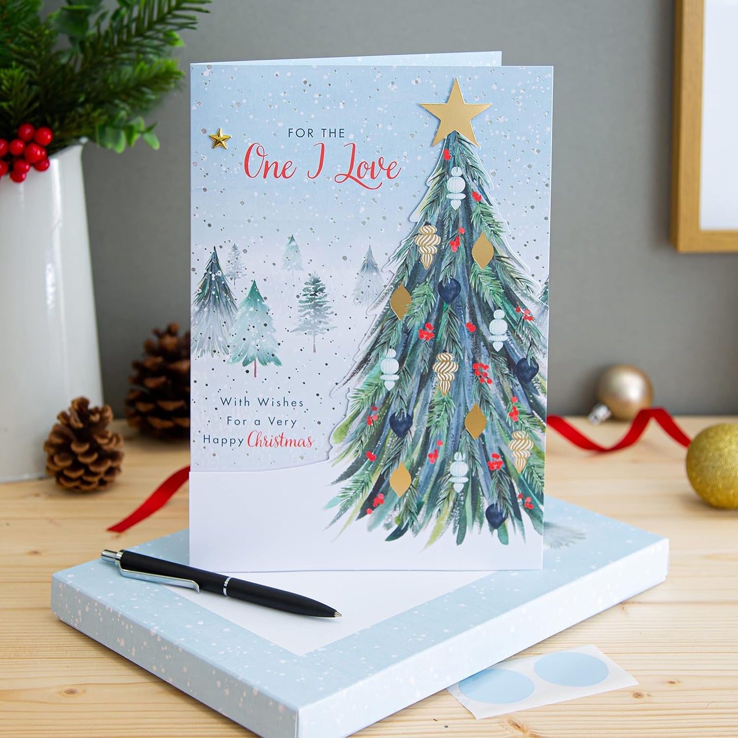 Classic Winter Scene with Tree Design for One I Love Boxed Christmas Card