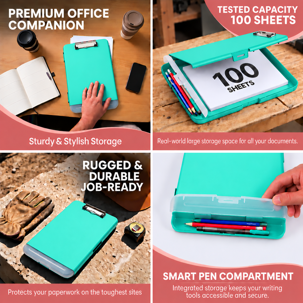 Pack of 6 A4 Cyan Green Plastic Clipboard Box Files With Pencil Holder - Storage Filing Case