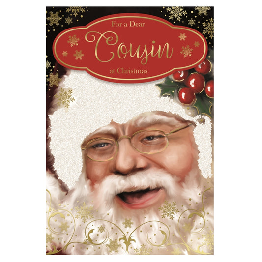 For a Dear Cousin Glitter Finished Laughing Santa Design Christmas Card