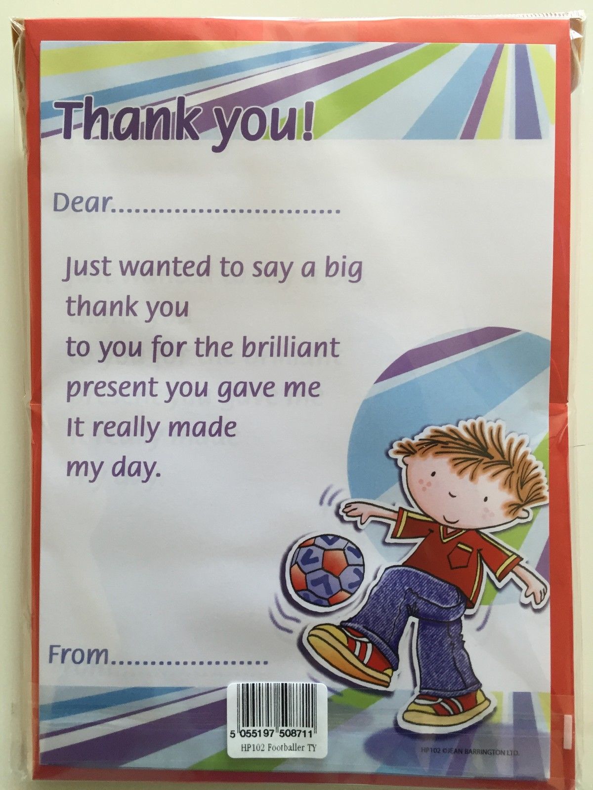 Pack of 20 Children's Cute Thank You Notes & Envelopes - Boy Football Design