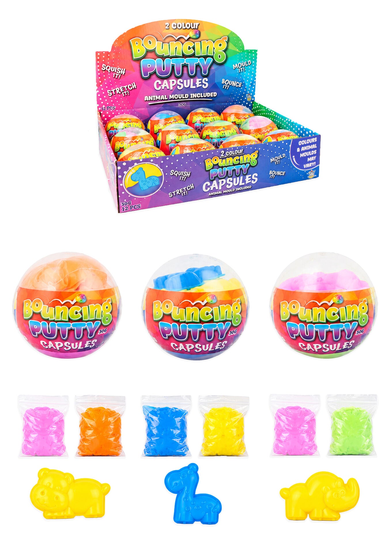 Pack of 3 Bouncing Putty Capsules with Animal Mould (7cm)